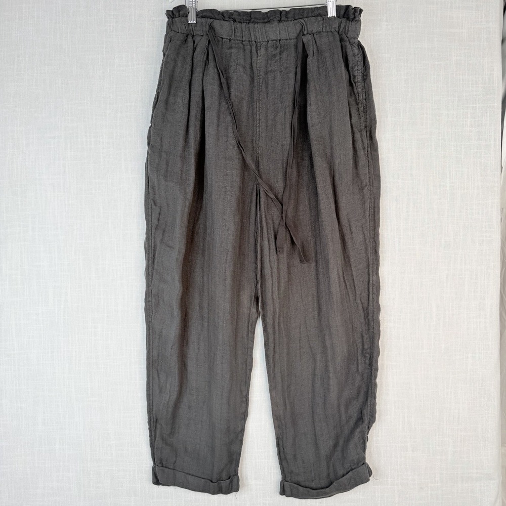 Free People Charcoal Gray Oversized 100% Linen Cuffed Hems Pants Trousers SZ-L